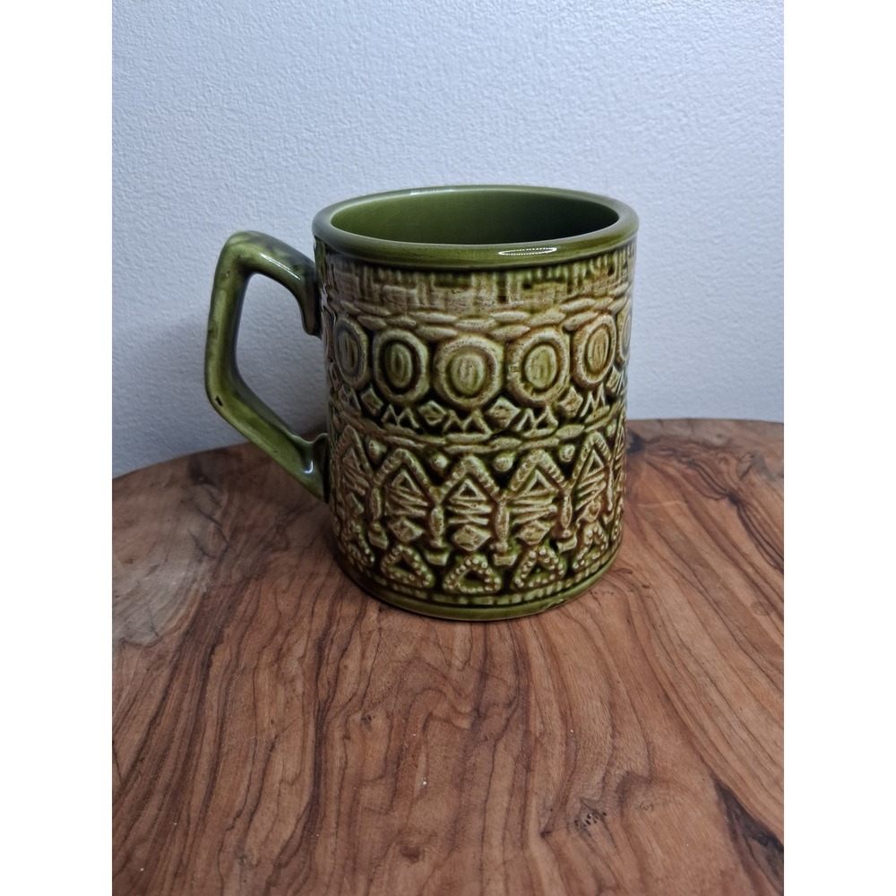 Vintage Moss Green Geometric Relief Ceramic Coffee Mug Mid-Century Style
